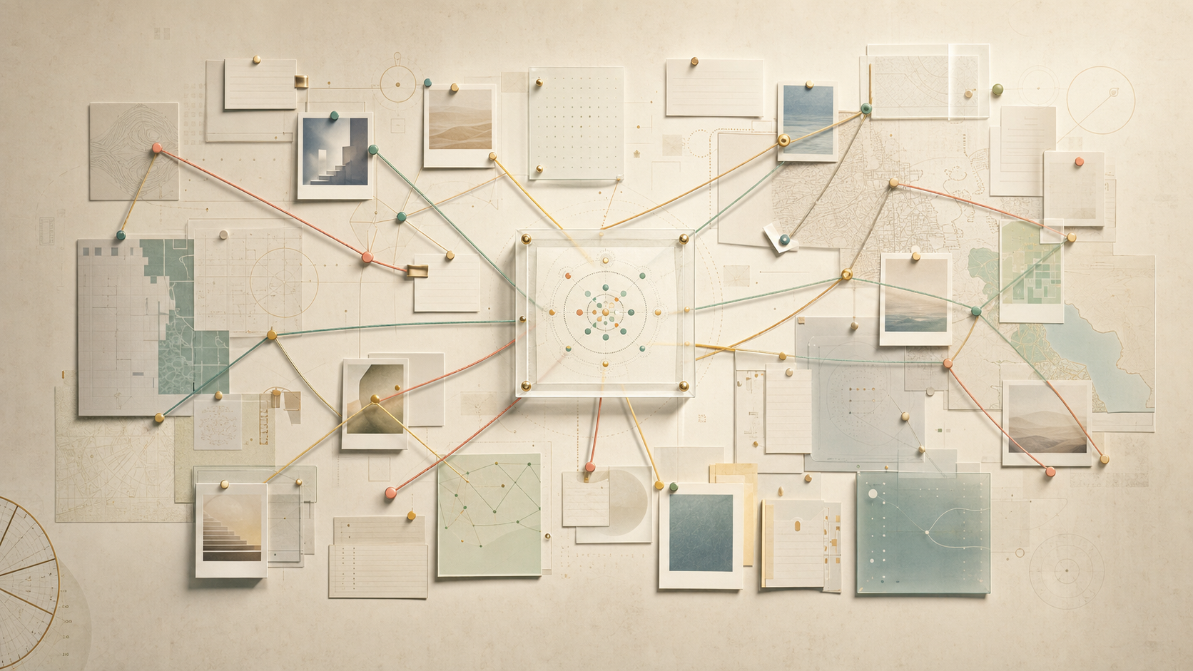 Editorial image of notes, blank Polaroids, handwritten reminders, and connected memory artifacts becoming an organized activation map.