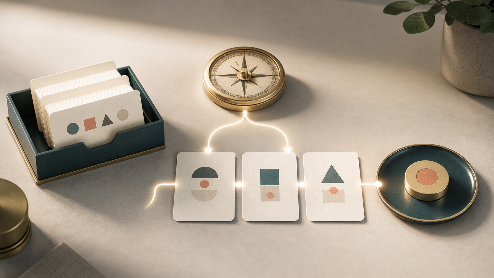 Editorial desk illustration showing a goal marker, memory cards, rule cards, and an action disk connected in a simple ACT-R-inspired loop.