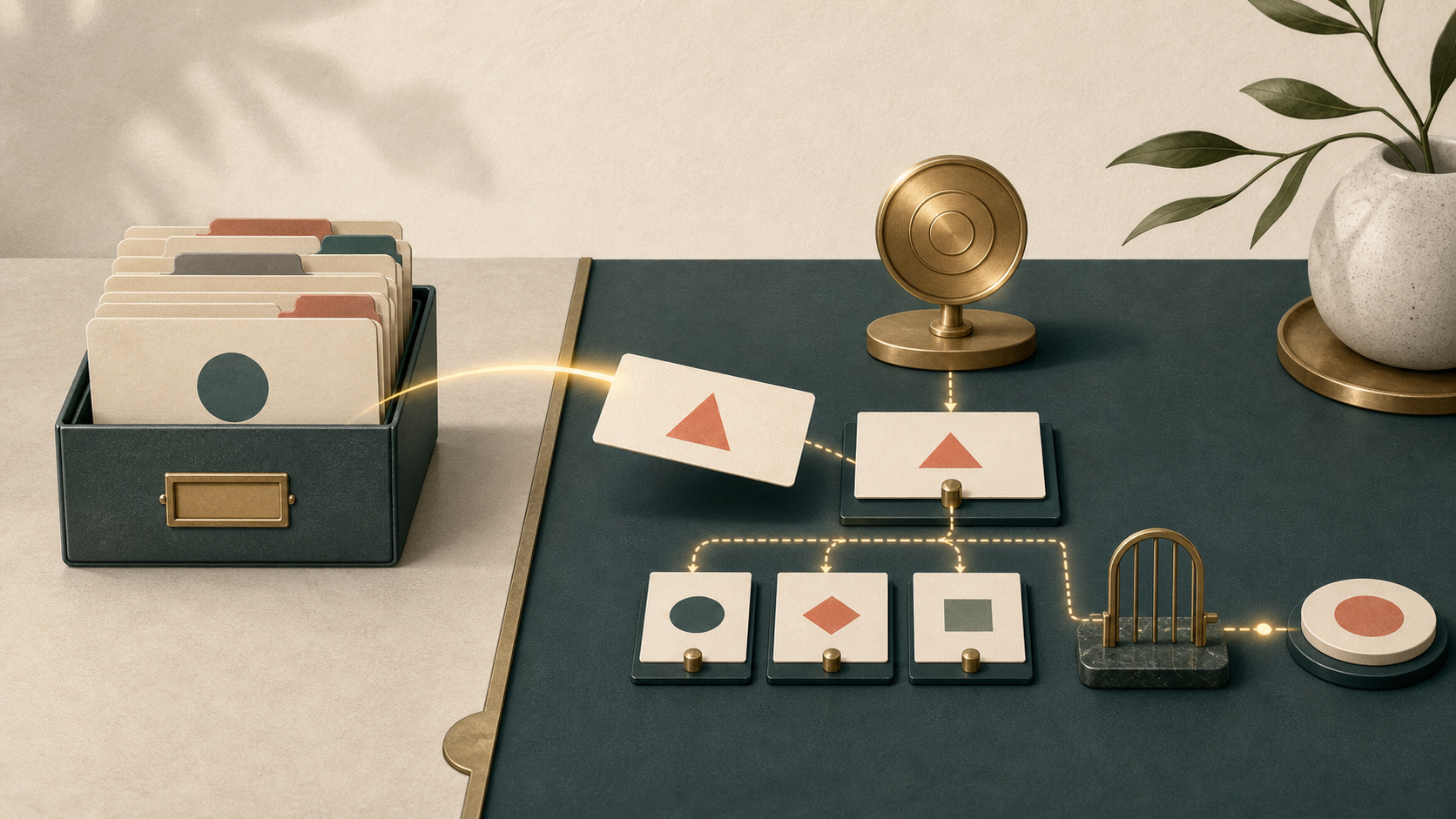 Editorial desk illustration showing a saved context card entering a broader goal, rule, permission, and action flow.