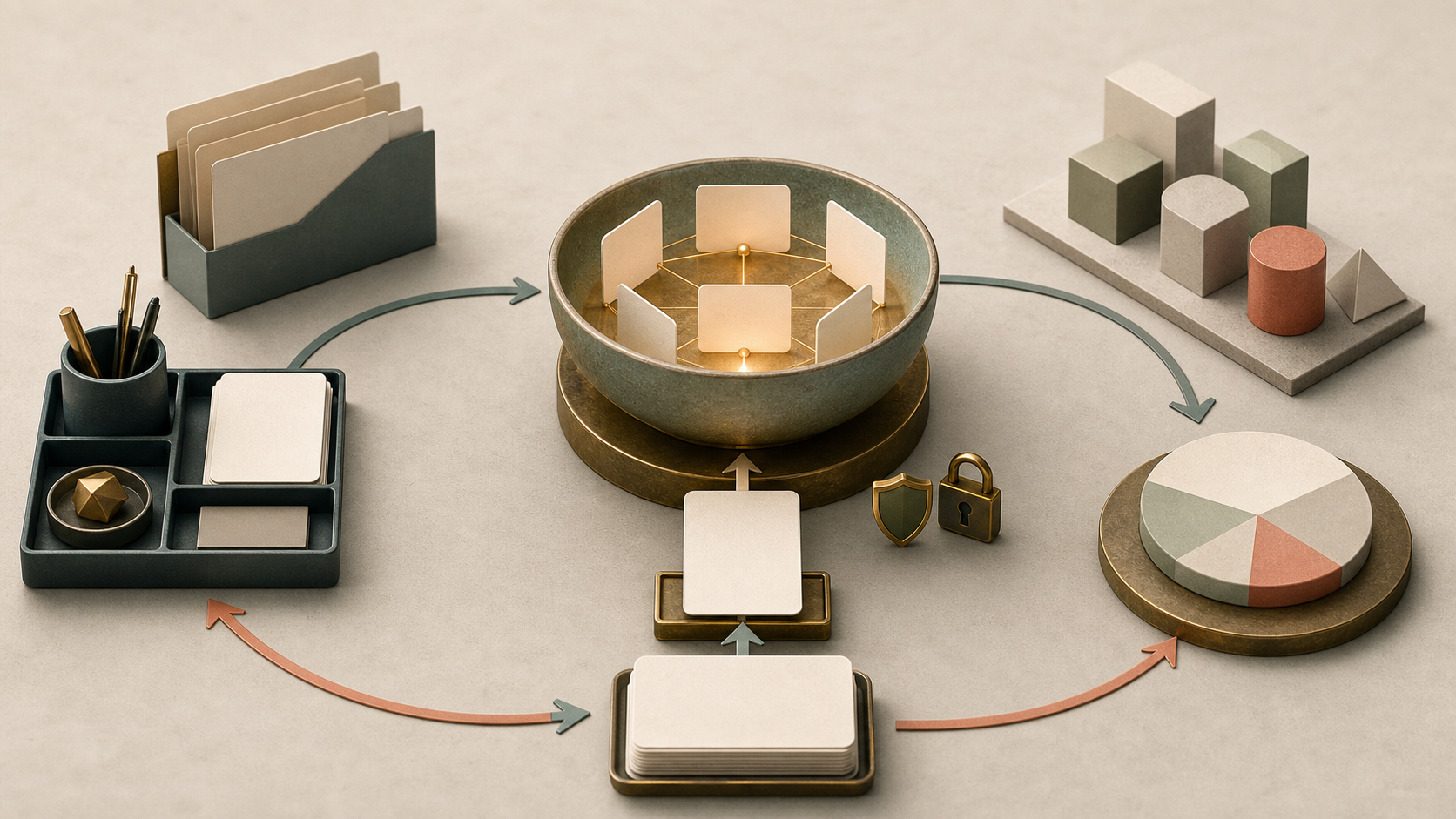 Editorial worktable illustration showing work cards, tool trays, shared memory, model blocks, governance icons, and a feedback loop.