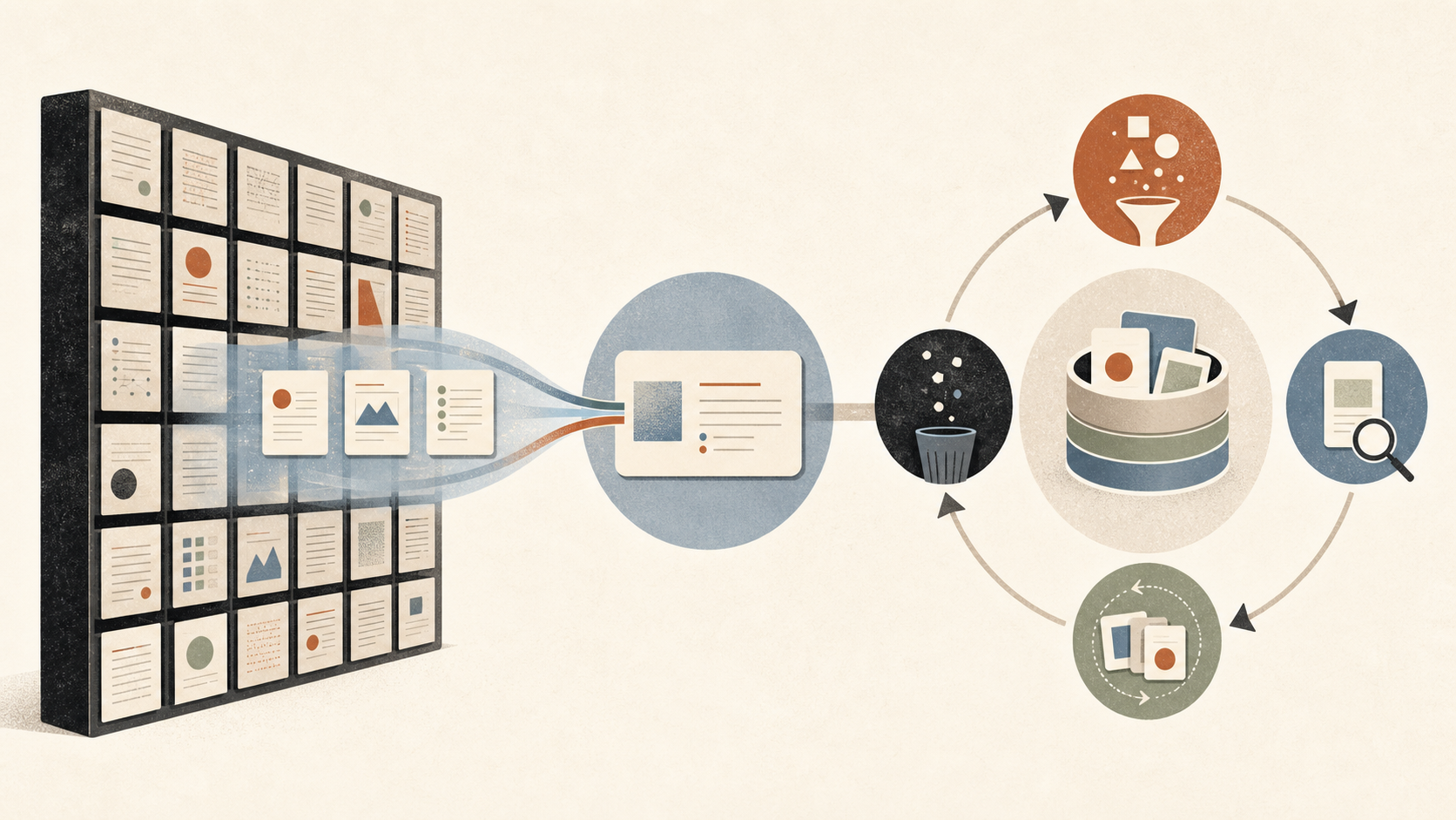 Editorial diagram showing source cards retrieved from an archive into an answer workspace, connected to a lifecycle of retaining, reviewing, retrieving, and forgetting shared context.