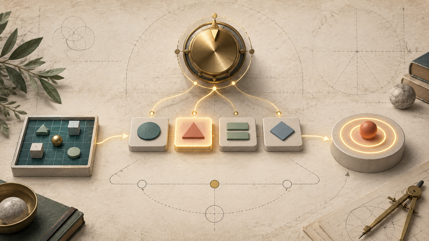 Editorial illustration of a SOAR-like decision dial selecting an operator tile to transform a state.