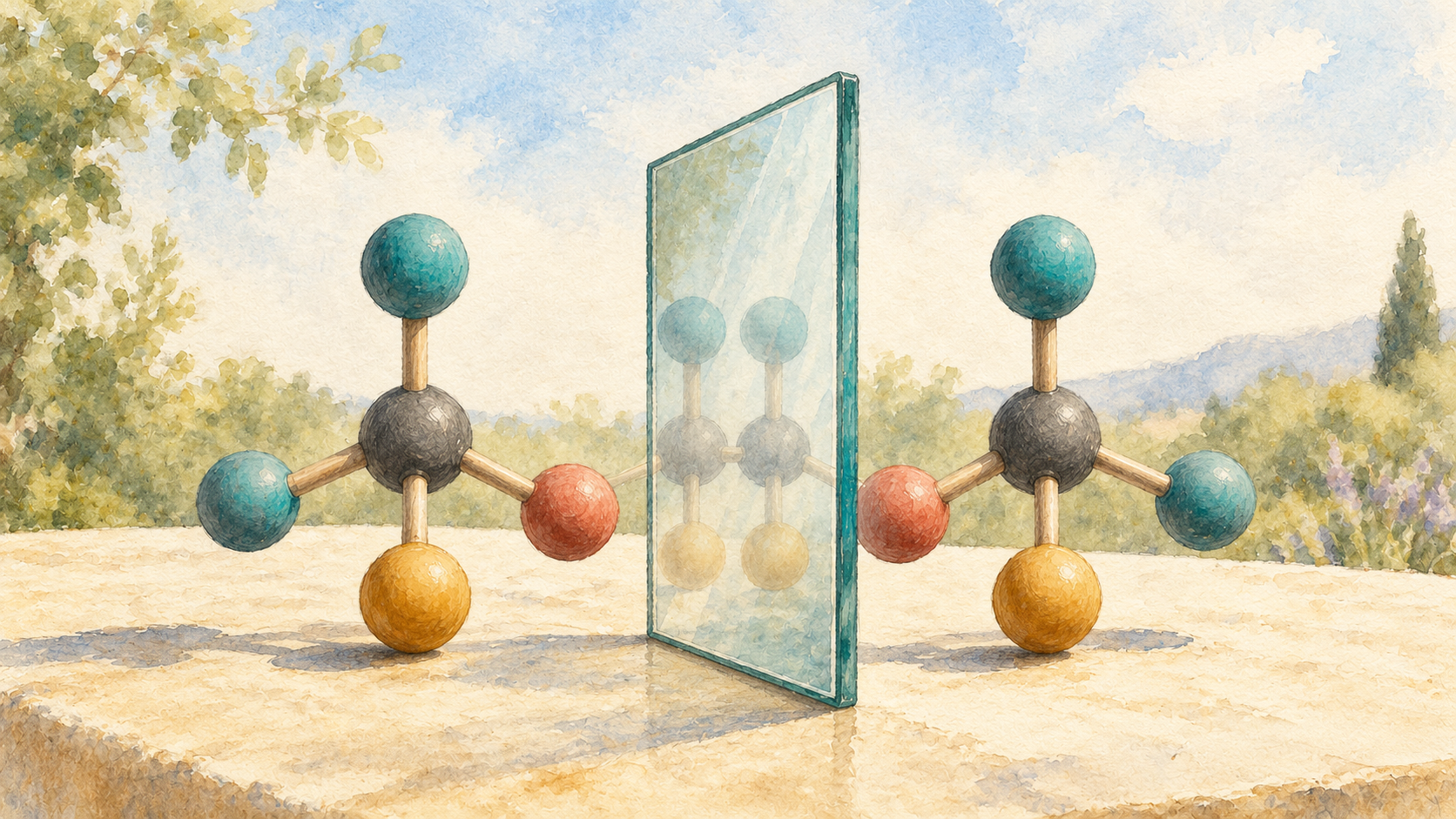 Watercolor of two matching ball-and-stick molecular models on either side of a mirror on a sunlit outdoor table.