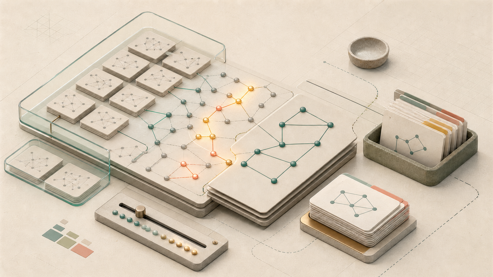 Editorial isometric artwork showing activation-guided memory traversal across cards, glass trays, selected graph nodes, and evidence reconstruction stacks.